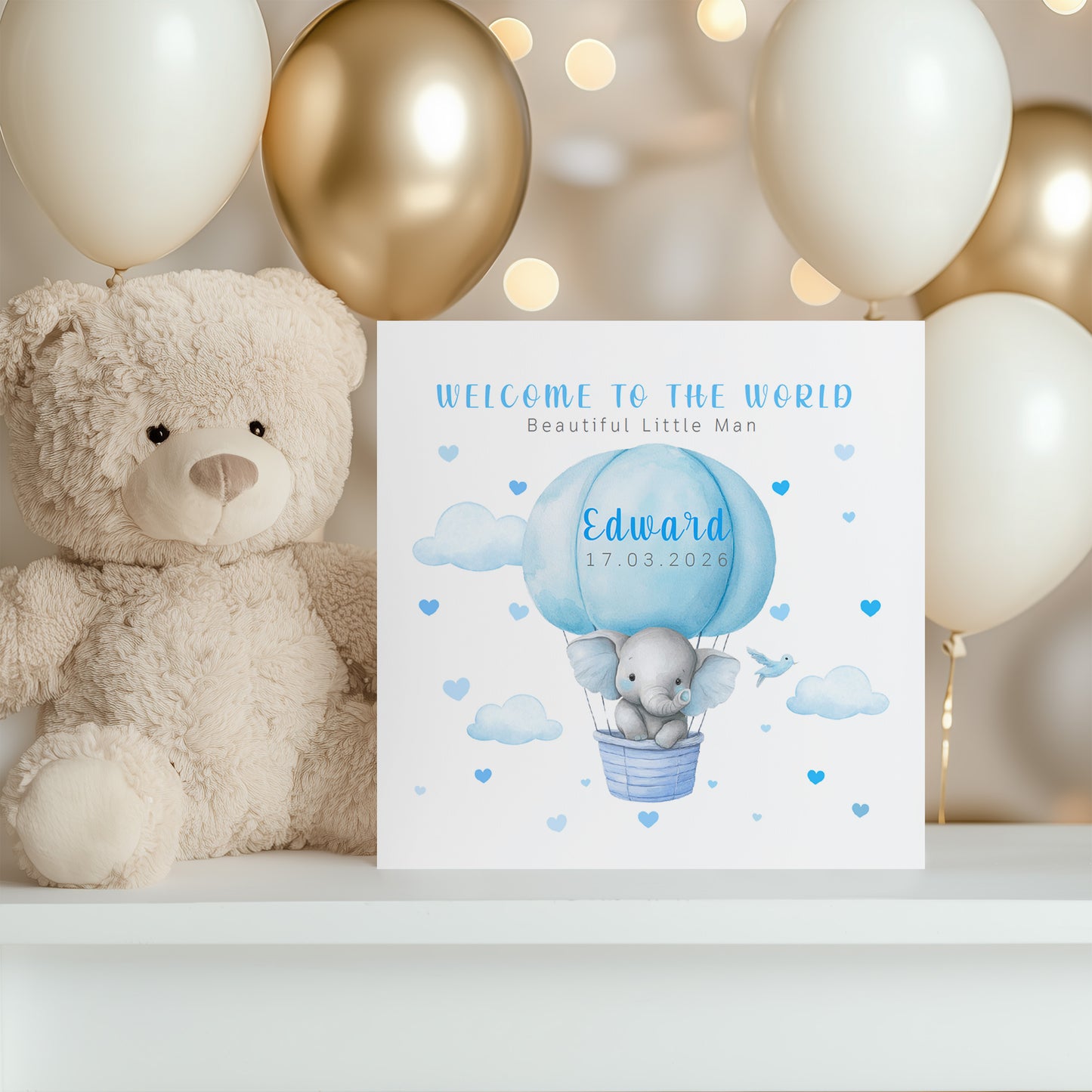 Personalised New Baby Boy Card Congratulations for Newborn Son, Grandson, Nephew, Welcome To The World Card - Elephant in a Hot Air Balloon Design with Custom Name and Date - Blue Envelope Included