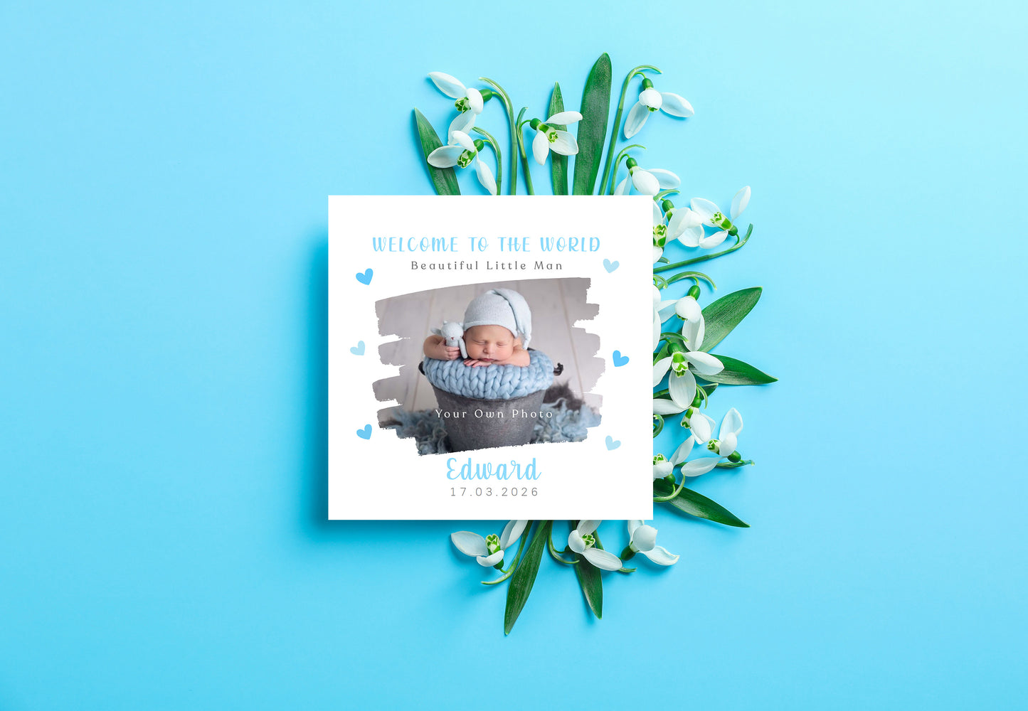 Personalised Photo New Baby Boy Card Congratulations for Newborn Boy, Welcome To The World Card for Son, Grandson, Nephew, Brush Stroke Photo Frame Design with Custom Name & Date with Blue Envelope