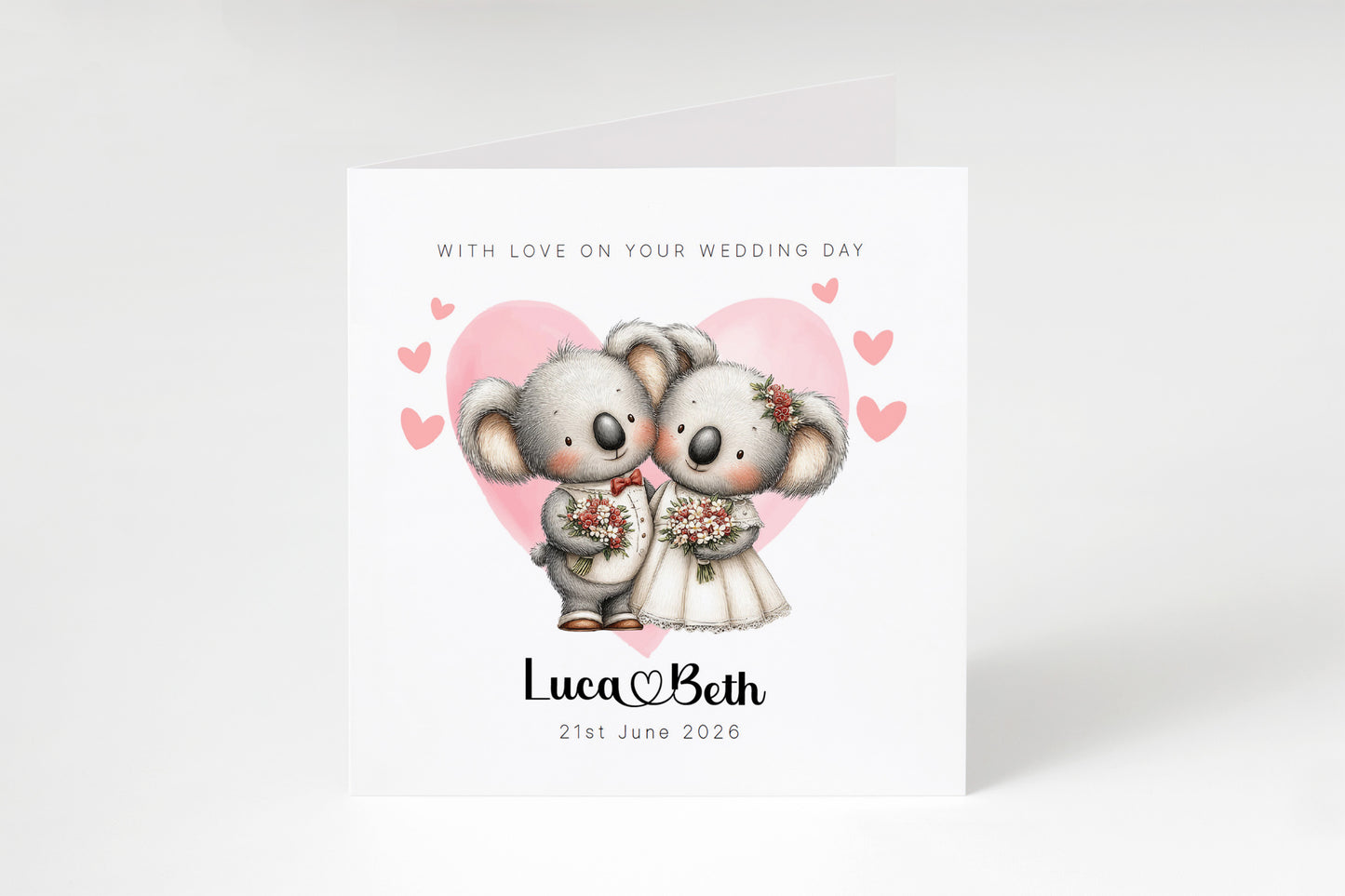 Personalised Wedding Card –with Custom Couple's Names & Wedding Date – Cute Koala Design - Wedding Congratulations Card for Newlywed couples, Animal Lovers, Him or Her - Pink Envelope Included