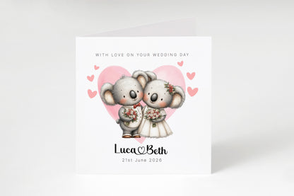 Personalised Wedding Card –with Custom Couple's Names & Wedding Date – Cute Koala Design - Wedding Congratulations Card for Newlywed couples, Animal Lovers, Him or Her - Pink Envelope Included