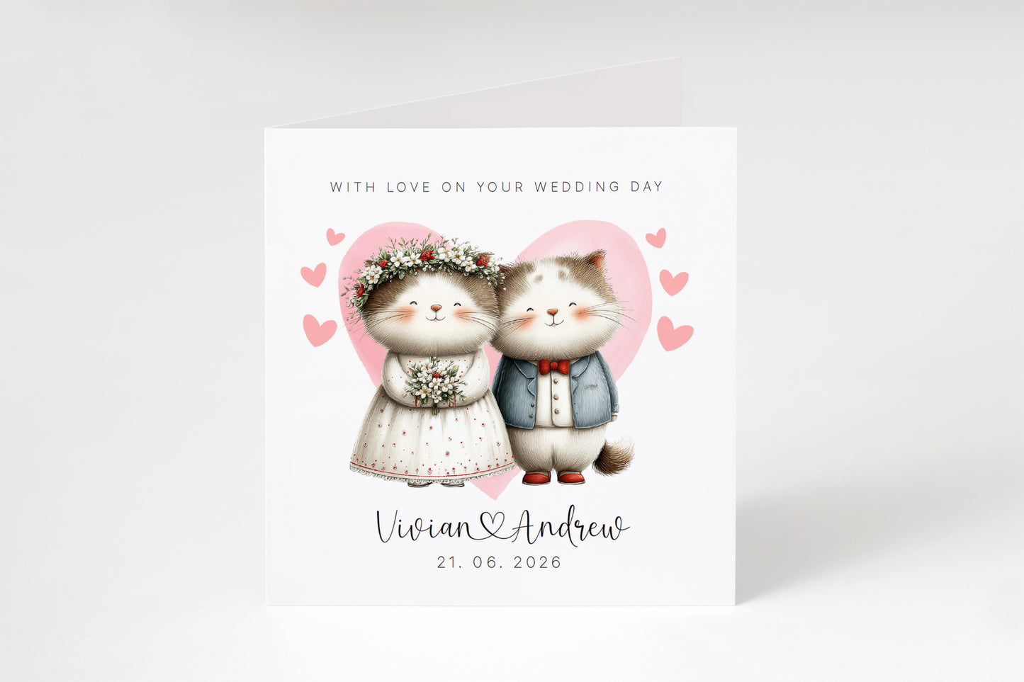 Personalised Wedding Card with Custom Couple's Names & Wedding Date – Cute Cat Design - Wedding Congratulations Card for Newlywed couples, Animal Lovers, Him or Her - Pink Envelope Included