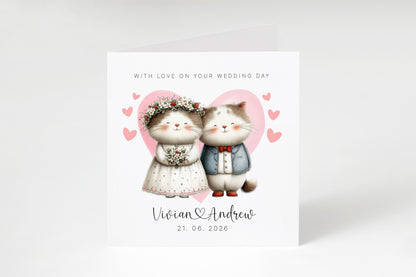 Personalised Wedding Card with Custom Couple's Names & Wedding Date – Cute Cat Design - Wedding Congratulations Card for Newlywed couples, Animal Lovers, Him or Her - Pink Envelope Included
