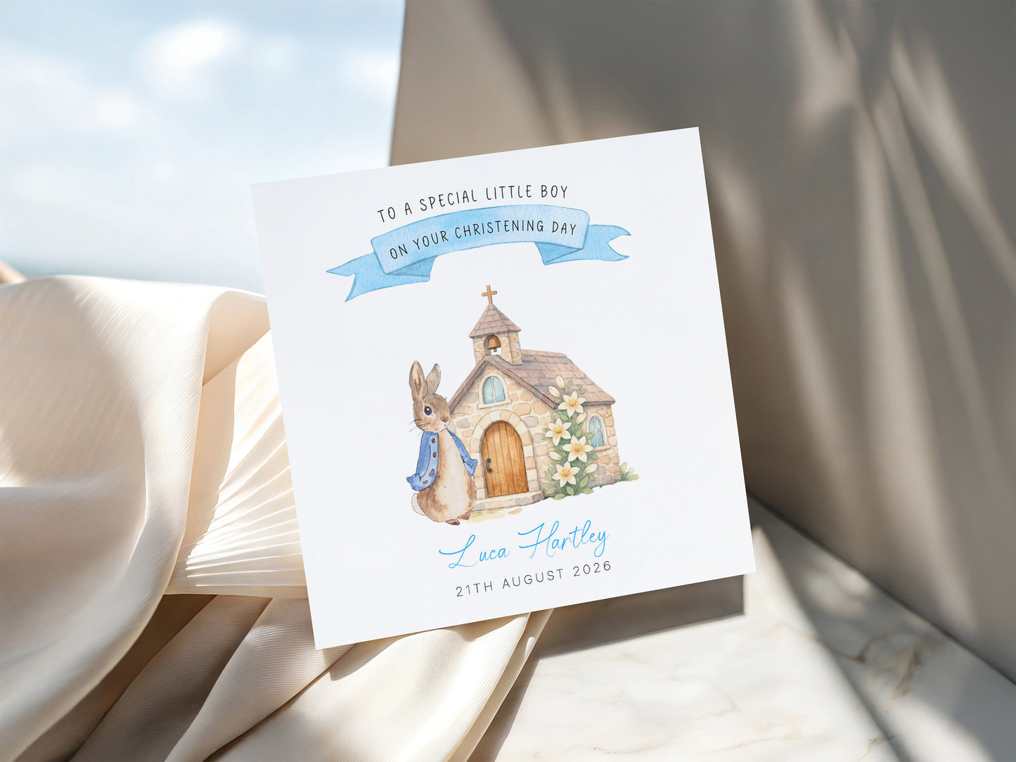 Personalised Christening Card for Boy – Custom Baptism Card with Message, Name & Date - Cute Bunny & Church Design – Baptism Card for Boys, Son, Grandson, Nephew with Blue Envelope