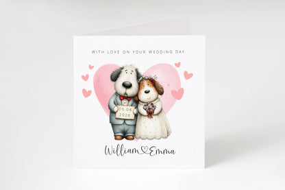 Personalised Wedding Card –with Custom Couple's Names & Wedding Date – Cute Dogs Design - Wedding Congratulations Card for Newlywed couples, Dog Lovers, Him or Her - Pink Envelope Included