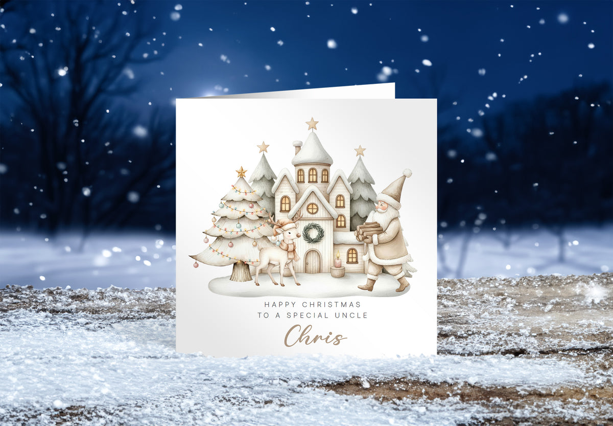 Personalised Beige Christmas Card for Kids – Santa & Reindeer