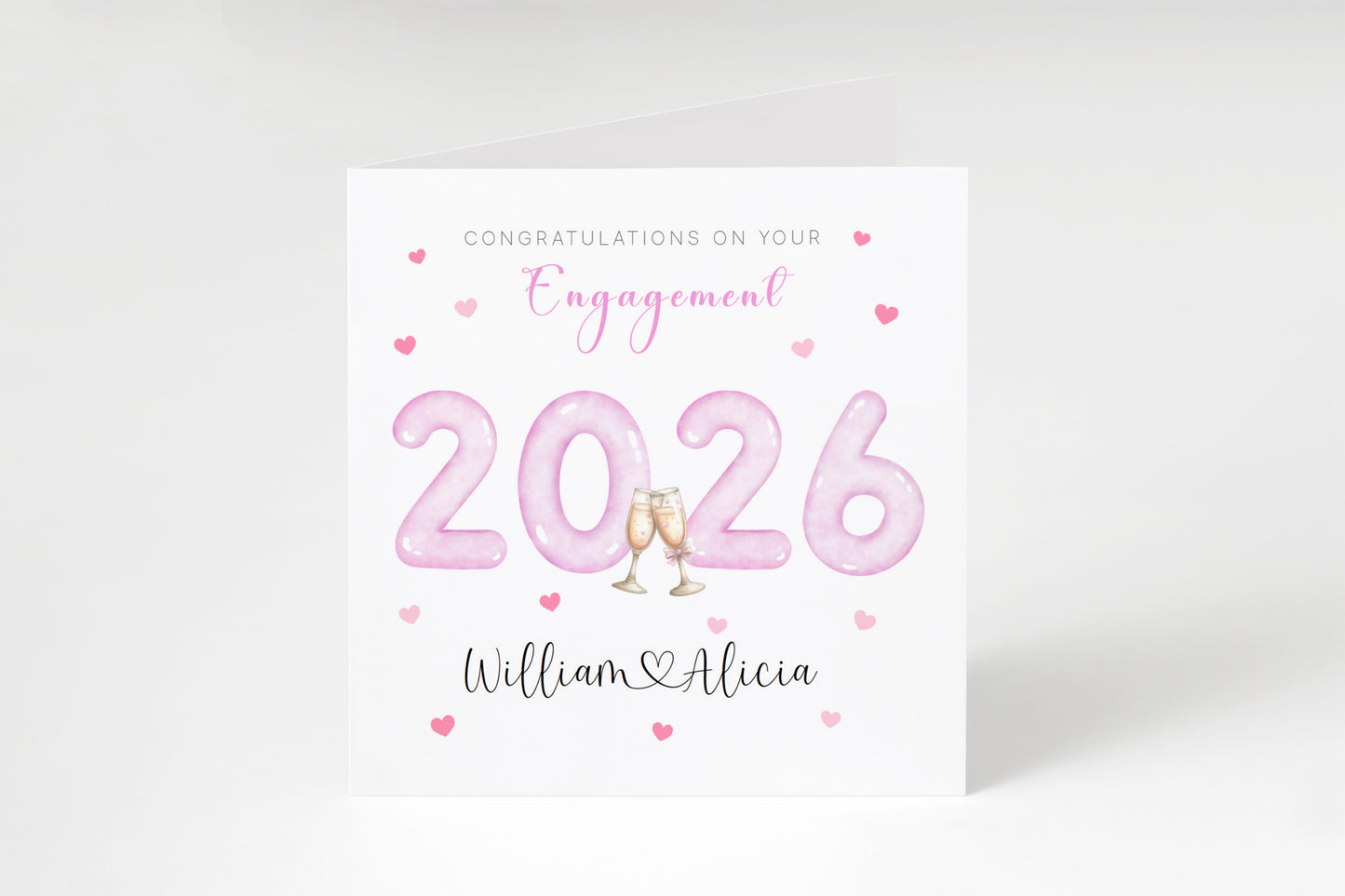 2026 Personalised Engagement Card with Custom Couple's Names – 2026 Champagne Toast Design - Congratulations Engagement Card for Newly Engaged Couples, Him or Her - Pink Envelope Included