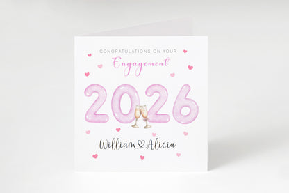 2026 Personalised Engagement Card with Custom Couple's Names – 2026 Champagne Toast Design - Congratulations Engagement Card for Newly Engaged Couples, Him or Her - Pink Envelope Included