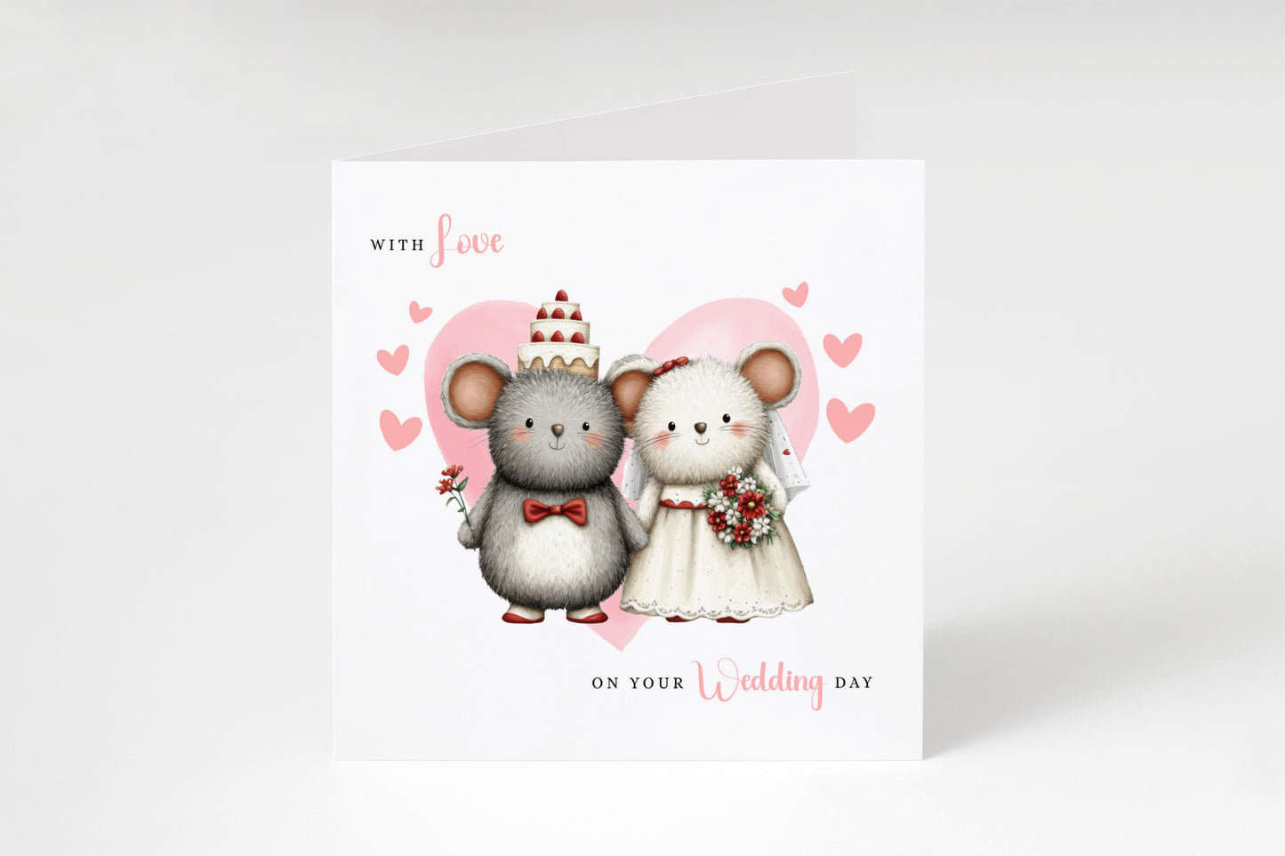 Cute Mouse Wedding Card – Wedding Congratulations Card – Adorable Animal Wedding Card – Romantic Wedding Day Card for Newlywed couples, Animal Lovers, Him or Her – Pink Envelope Included