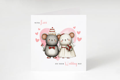 Cute Mouse Wedding Card – Wedding Congratulations Card – Adorable Animal Wedding Card – Romantic Wedding Day Card for Newlywed couples, Animal Lovers, Him or Her – Pink Envelope Included