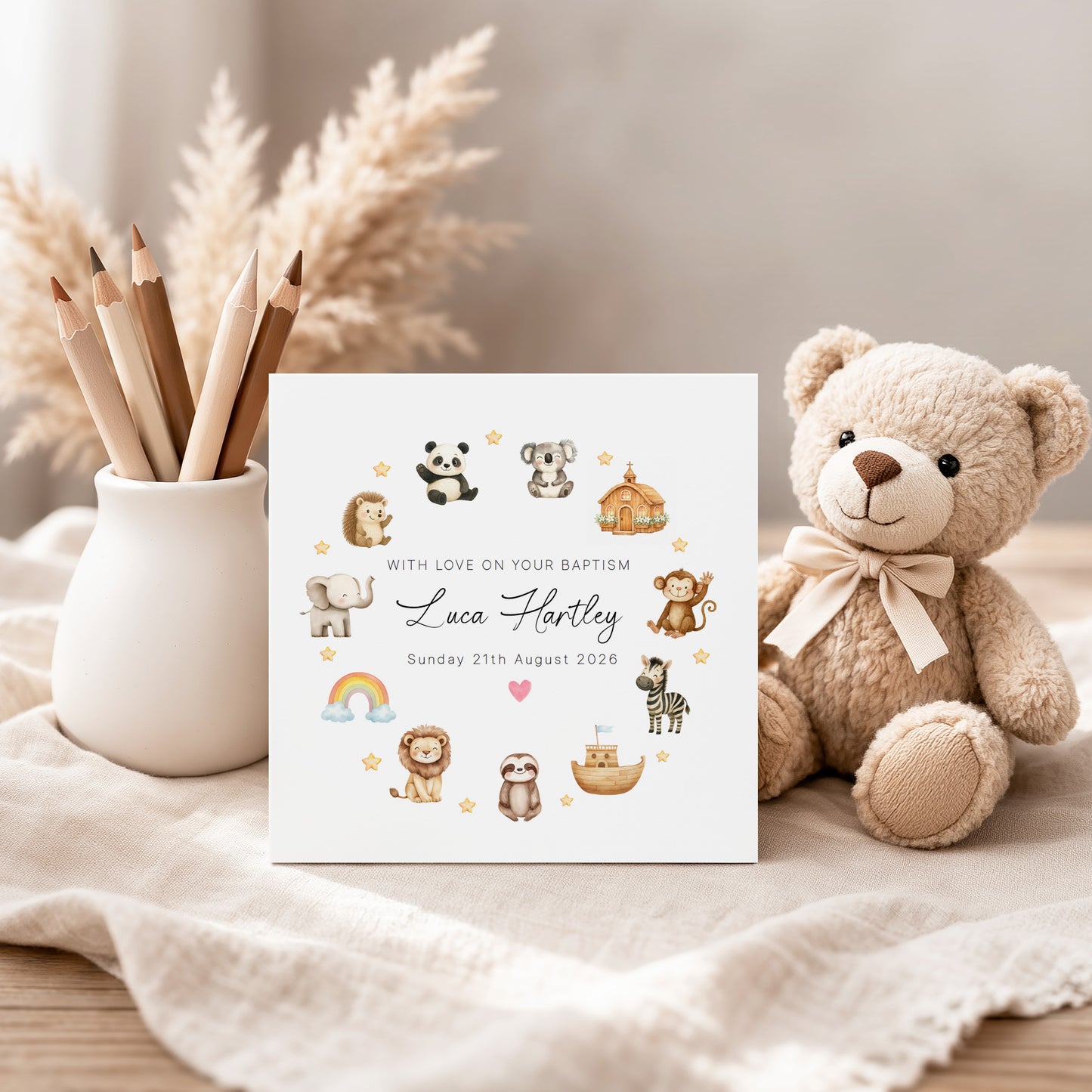 Personalised Christening Card for Boys or Girls – Cute Animals and Church Design with Custom Name and Date - Baptism Card for Son, Daughter, Grandson, Granddaughter, Nephew, Niece with Kraft Envelope