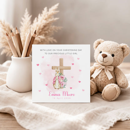 Personalised Christening Card for Girl – Custom Baptism Card with Message, Name & Date - Bunny Cross Floral Design – Baptism Card for Girls, Daughter, Granddaughter, Niece with Pink Envelope