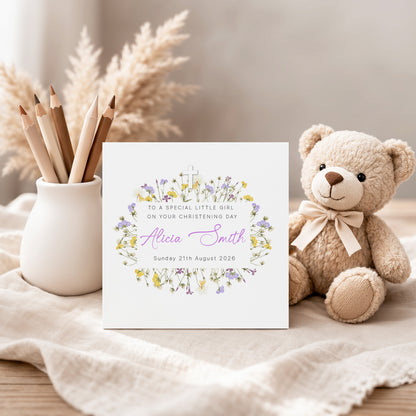 Personalised Christening Card for Girl – Custom Baptism Card with Name & Date - Elegant Purple Flowers Design – Baptism Card for Girls, Daughter, Granddaughter, Niece - Purple Envelope Included