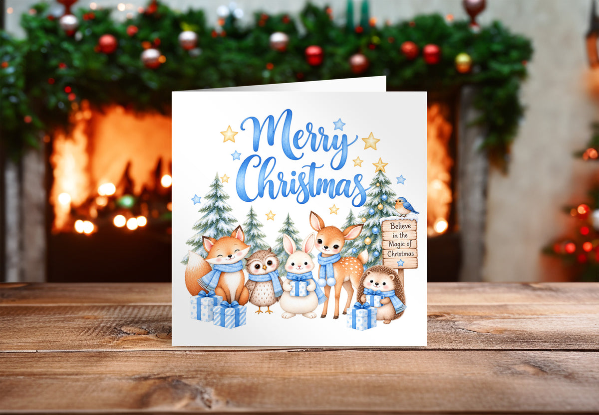 Blue Forest Christmas Card for Boys – Cute Christmas Woodland Animals