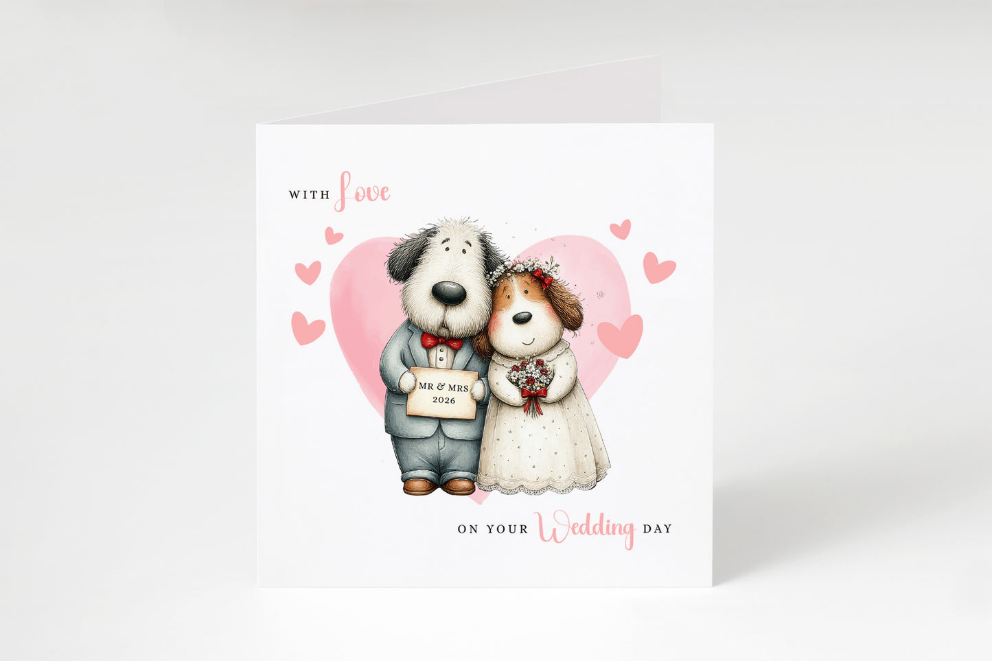 Cute Dog Wedding Card – Wedding Congratulations Card – Adorable Animal Wedding Card – Romantic Wedding Day Card for Newlywed couples, Dog Lovers, Him or Her – Pink Envelope Included