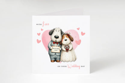 Cute Dog Wedding Card – Wedding Congratulations Card – Adorable Animal Wedding Card – Romantic Wedding Day Card for Newlywed couples, Dog Lovers, Him or Her – Pink Envelope Included
