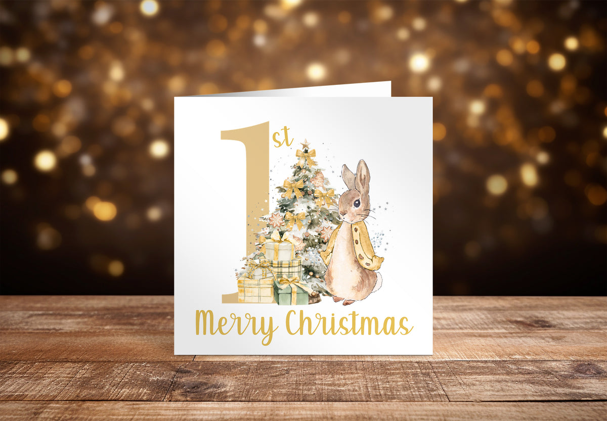 Happy 1st Christmas Card for Baby Boy or Baby Girl – Golden Rabbit and Christmas Trees