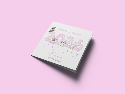 Personalised New Baby Girl Card Congratulations for Newborn Girl, Welcome To The World Card for Daughter, Granddaughter, Niece - Cute Puppy Dogs Design with Custom Name and Date with Pink Envelope