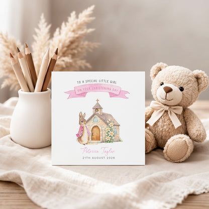 Personalised Christening Card for Girl – Custom Baptism Card with Message, Name & Date - Cute Bunny & Church Design – Baptism Card for Girls, Daughter, Granddaughter, Niece with Pink Envelope