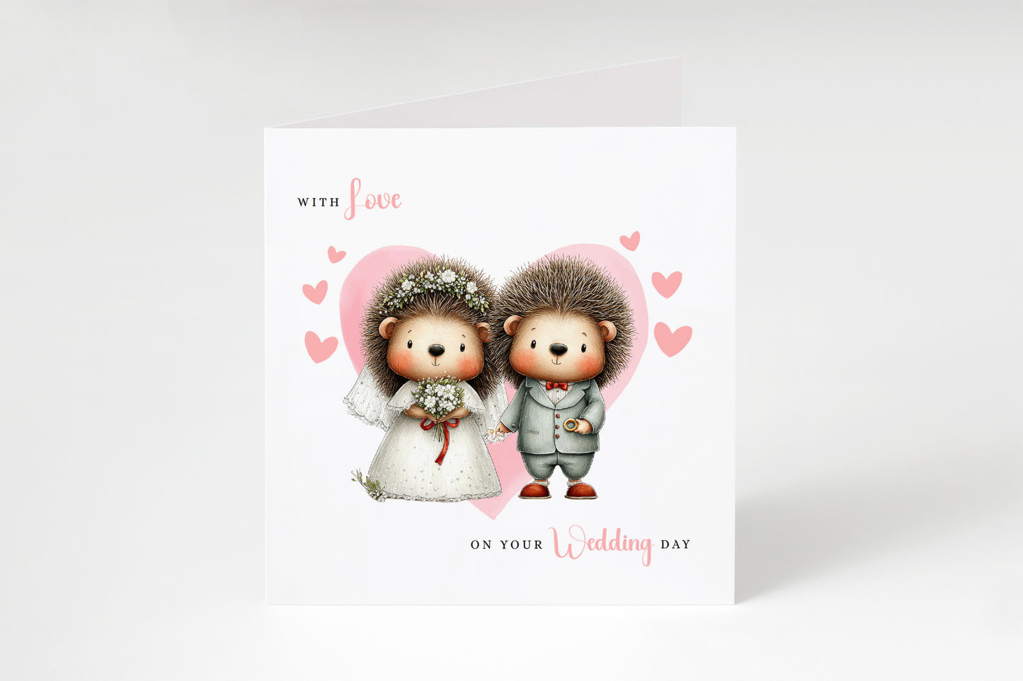Cute Hedgehog Wedding Card – Wedding Congratulations Card – Adorable Animal Wedding Card – Romantic Wedding Day Card for Newlywed couples, Animal Lovers, Him or Her – Pink Envelope Included