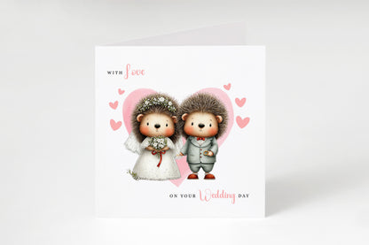 Cute Hedgehog Wedding Card – Wedding Congratulations Card – Adorable Animal Wedding Card – Romantic Wedding Day Card for Newlywed couples, Animal Lovers, Him or Her – Pink Envelope Included