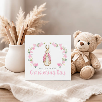 Christening Card for Girl – Floral Wreath Bunny Design –With Love on Your Christening Day -  Religious Baptism Card for Girls, Daughter, Granddaughter, Niece with Pink Envelope