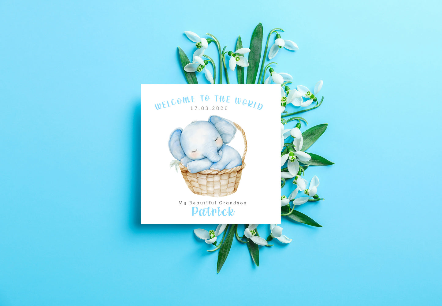 Personalised New Baby Boy Card Congratulations for Newborn Son, Grandson, Nephew, Welcome To The World Card - Elephant Design with Custom Date, Name and Message - Blue Envelope Included