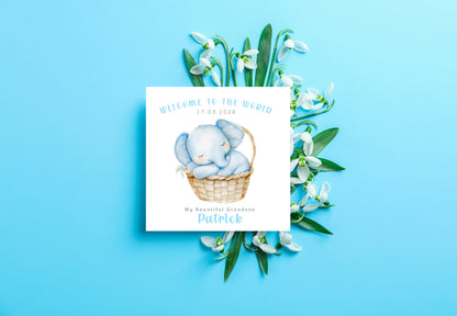 Personalised New Baby Boy Card Congratulations for Newborn Son, Grandson, Nephew, Welcome To The World Card - Elephant Design with Custom Date, Name and Message - Blue Envelope Included