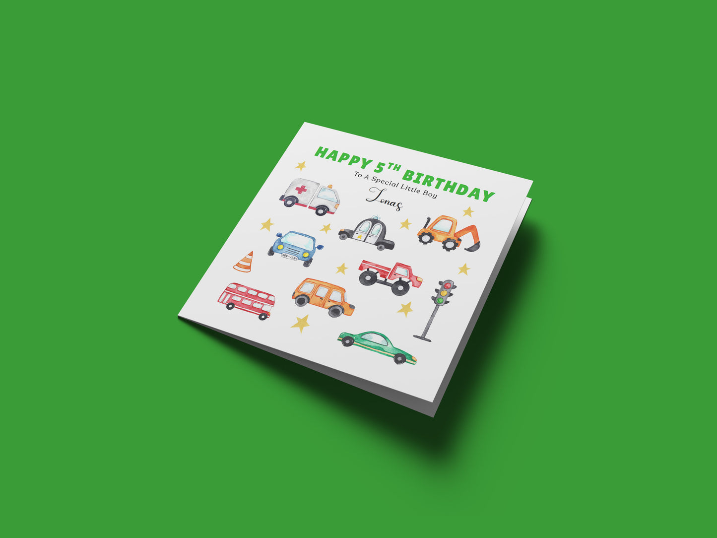 Personalised 5th Birthday Card for Boys - Vehicles and Transport Birthday Card with Custom Name and Message for Age 5 Years Old Kids, Children, Boy, Son, Grandson, Nephew – Green Envelope Included