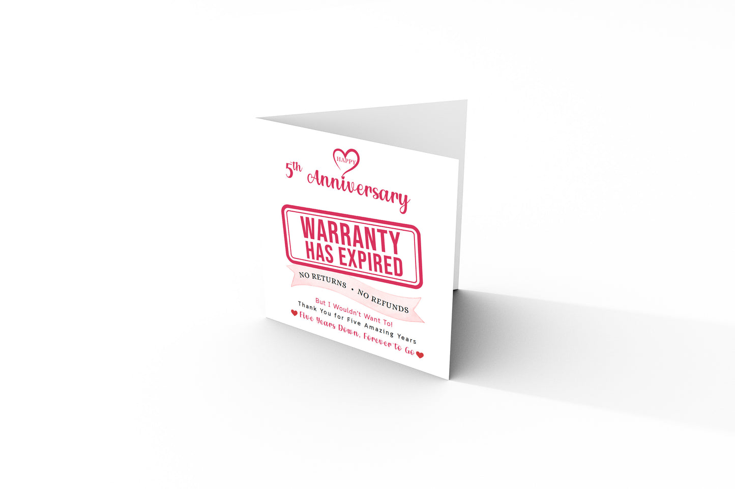 Funny 5th Anniversary Card- Warranty Has Expired - 5 Year Wedding Anniversary Card – No Returns No Refunds Joke Card for Wife, Husband, Her, Him, Relationship Milestones - Red Envelope Included