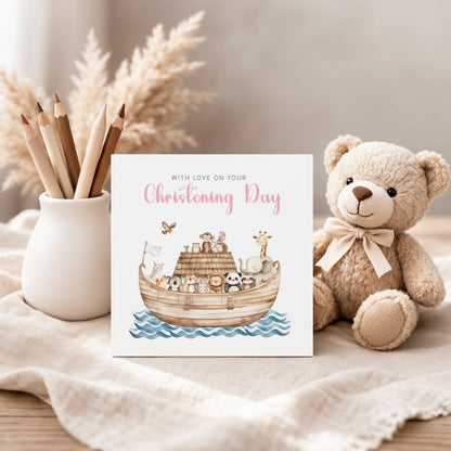 Christening Card for Girl – Noah's Ark and Cute Animals Design – With Love on Your Christening Day -  Religious Baptism Card for Girls, Daughter, Granddaughter, Niece with Pink Envelope