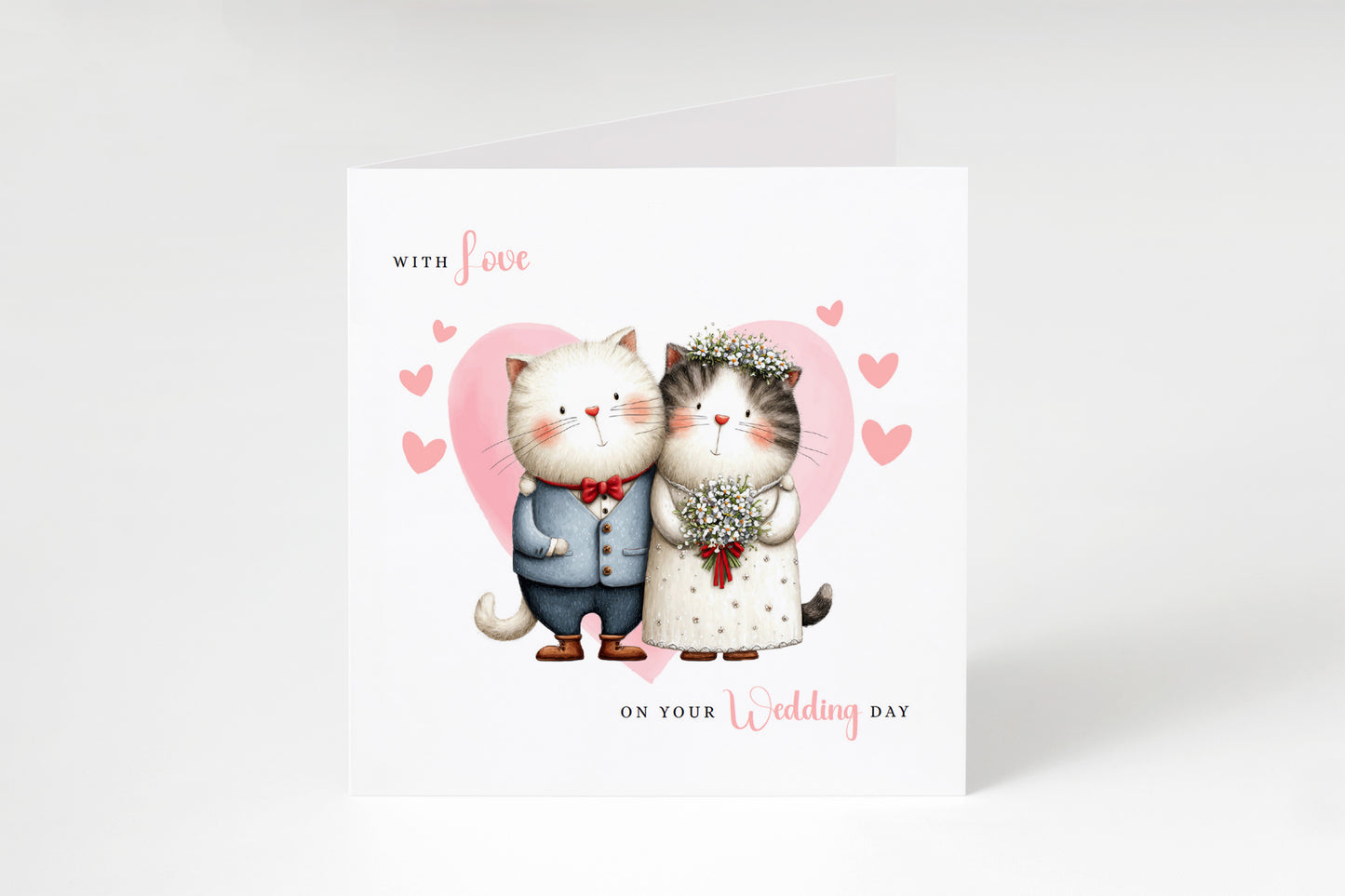 Cute Cat Wedding Card – Wedding Congratulations Card – Adorable Animal Wedding Card – Romantic Wedding Day Card for Newlywed couples, Cat Lovers, Him or Her – Pink Envelope Included
