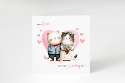 Cute Cat Wedding Card – Wedding Congratulations Card – Adorable Animal Wedding Card – Romantic Wedding Day Card for Newlywed couples, Cat Lovers, Him or Her – Pink Envelope Included