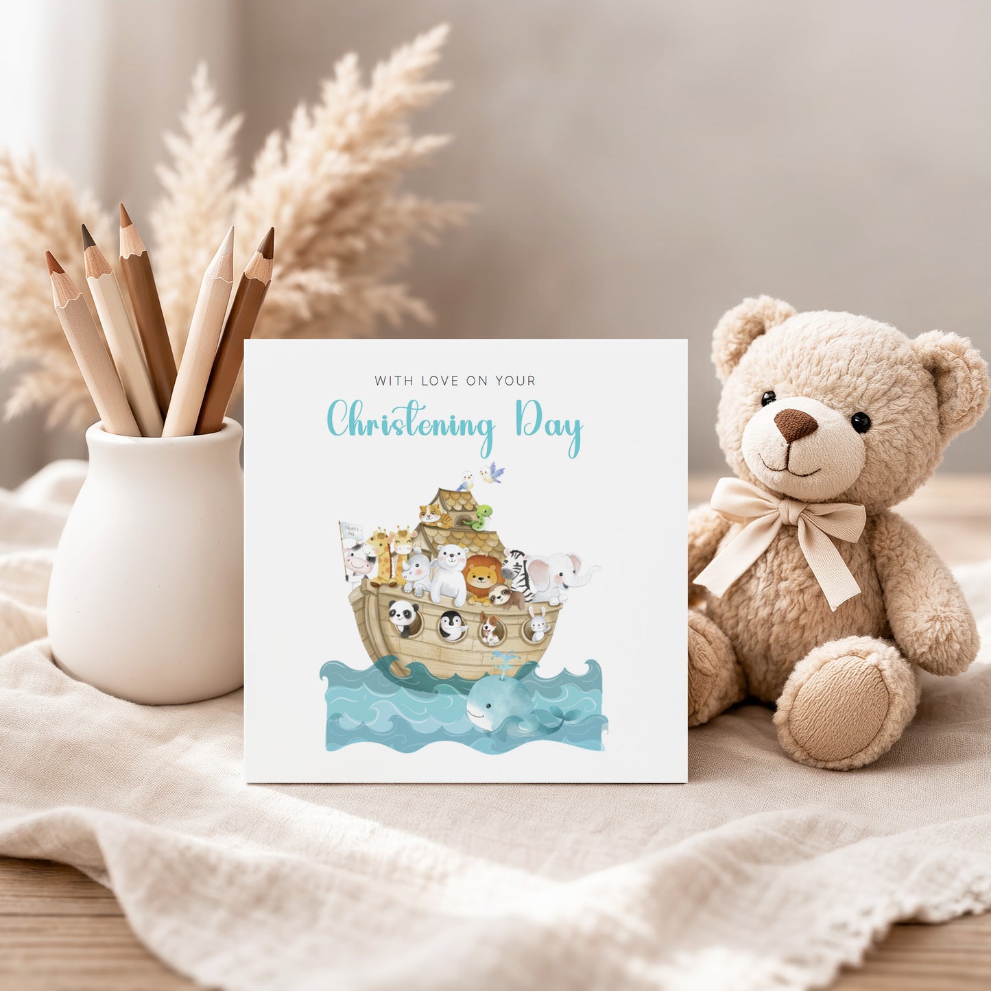 Christening Card for Boy or Girl – Noah’s Ark Design – With Love on Your Christening Day -  Religious Baptism Card for Son, Daughter, Grandson, Granddaughter, Nephew, Niece with Blue Envelope