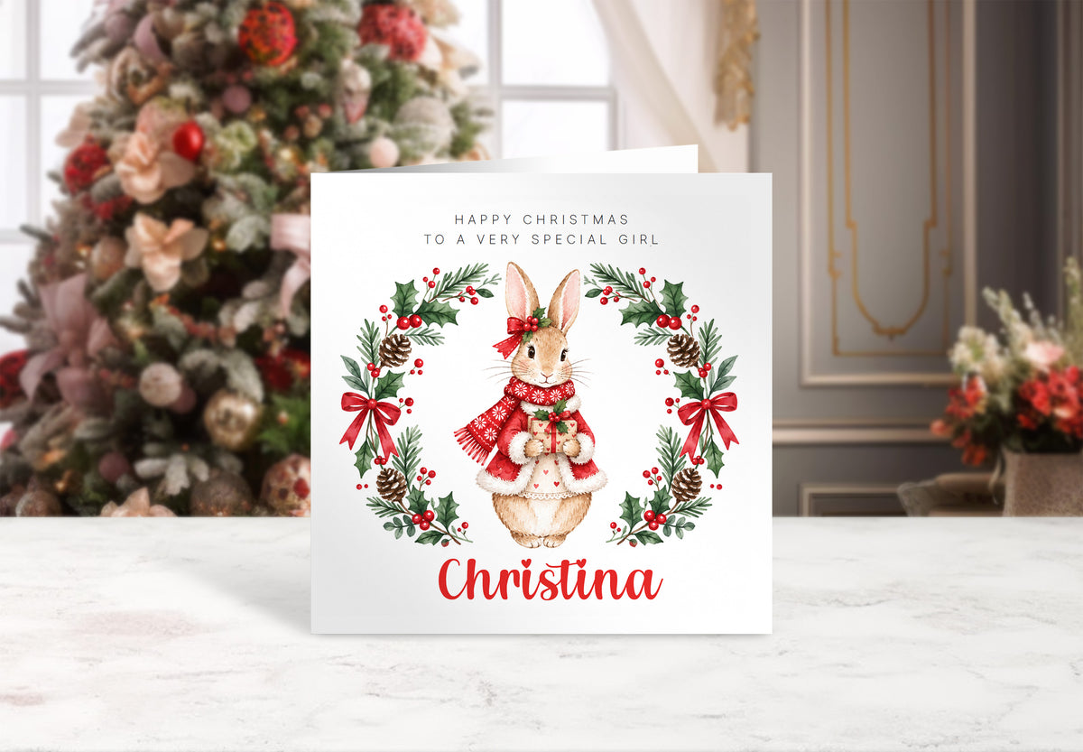 Personalised Christmas Card for Girls – Festive Bunny and Xmas Wreath