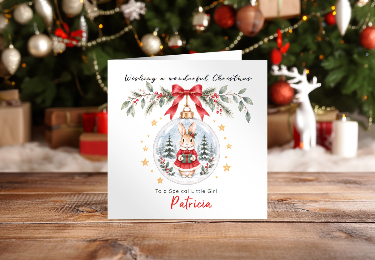Personalised Christmas card for Girls – Red Bunny in a Christmas Bauble