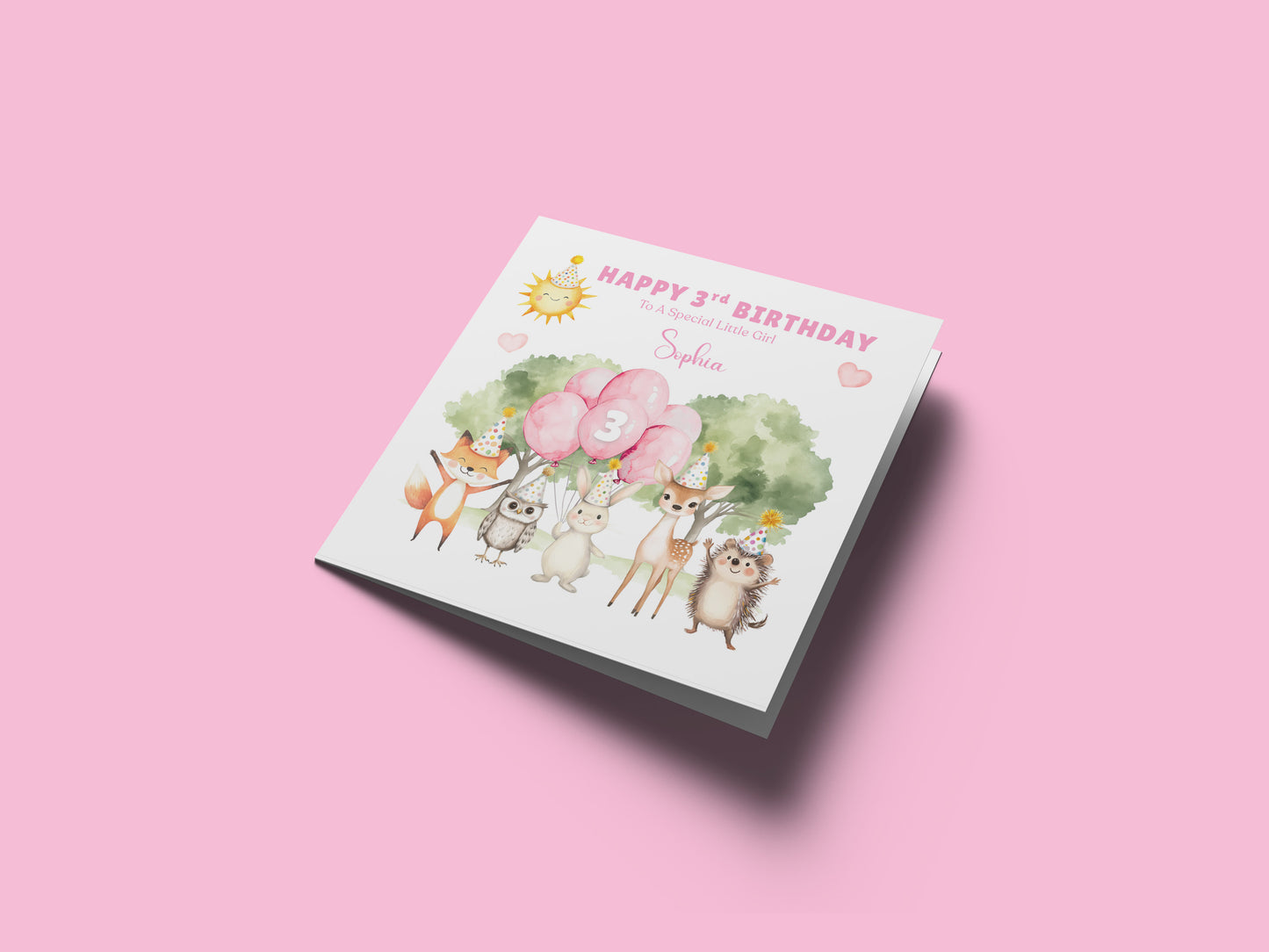 Personalised 3 Years Old 3rd Birthday Card for Toddler Girl – Woodland Animal Design with Custom Name & Message - Age 3 Year Old Birthday Card for Daughter, Granddaughter, Niece with Pink Envelope