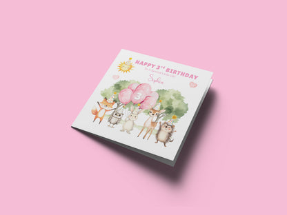 Personalised 3 Years Old 3rd Birthday Card for Toddler Girl – Woodland Animal Design with Custom Name & Message - Age 3 Year Old Birthday Card for Daughter, Granddaughter, Niece with Pink Envelope