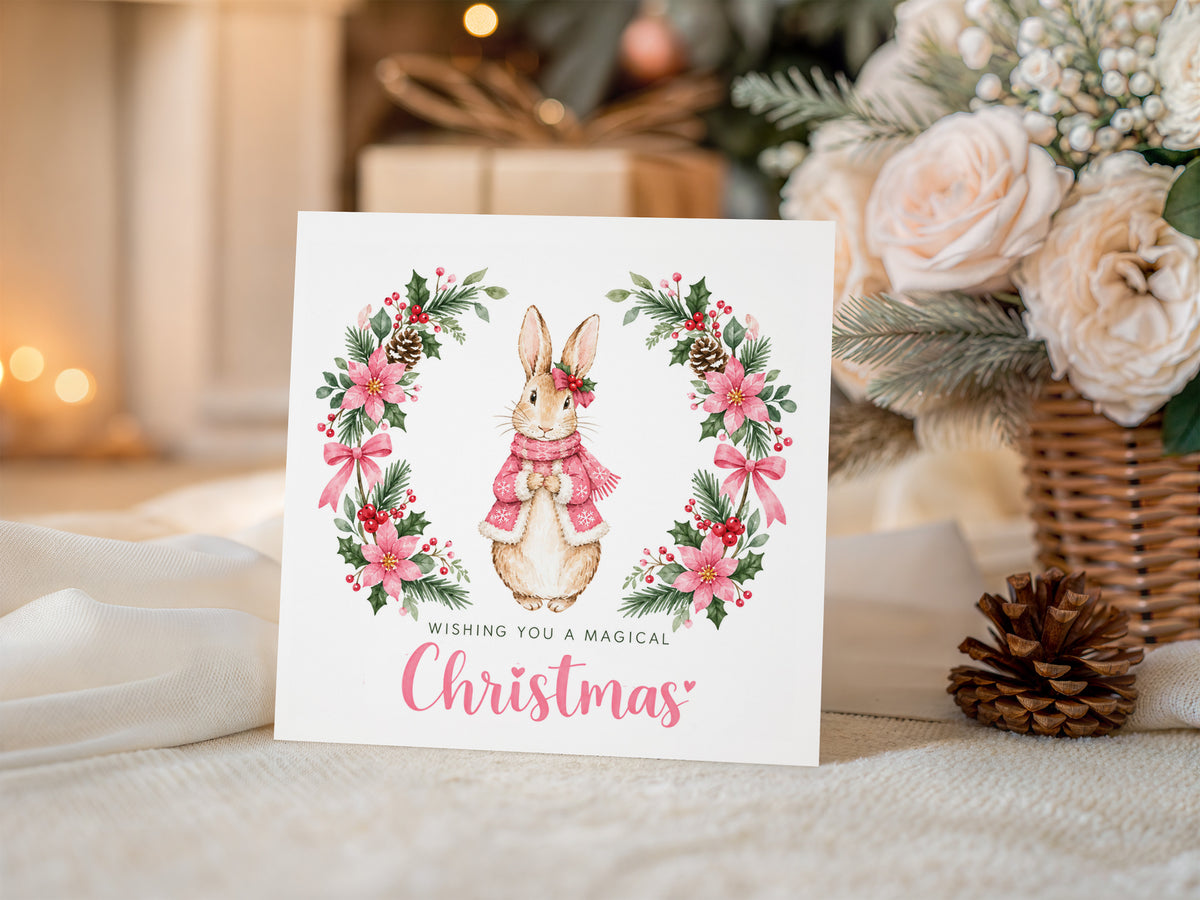 Merry Christmas Card for Girls – Pink Festive Bunny and Xmas Wreath