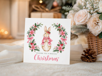 Merry Christmas Card for Girls – Pink Festive Bunny and Xmas Wreath