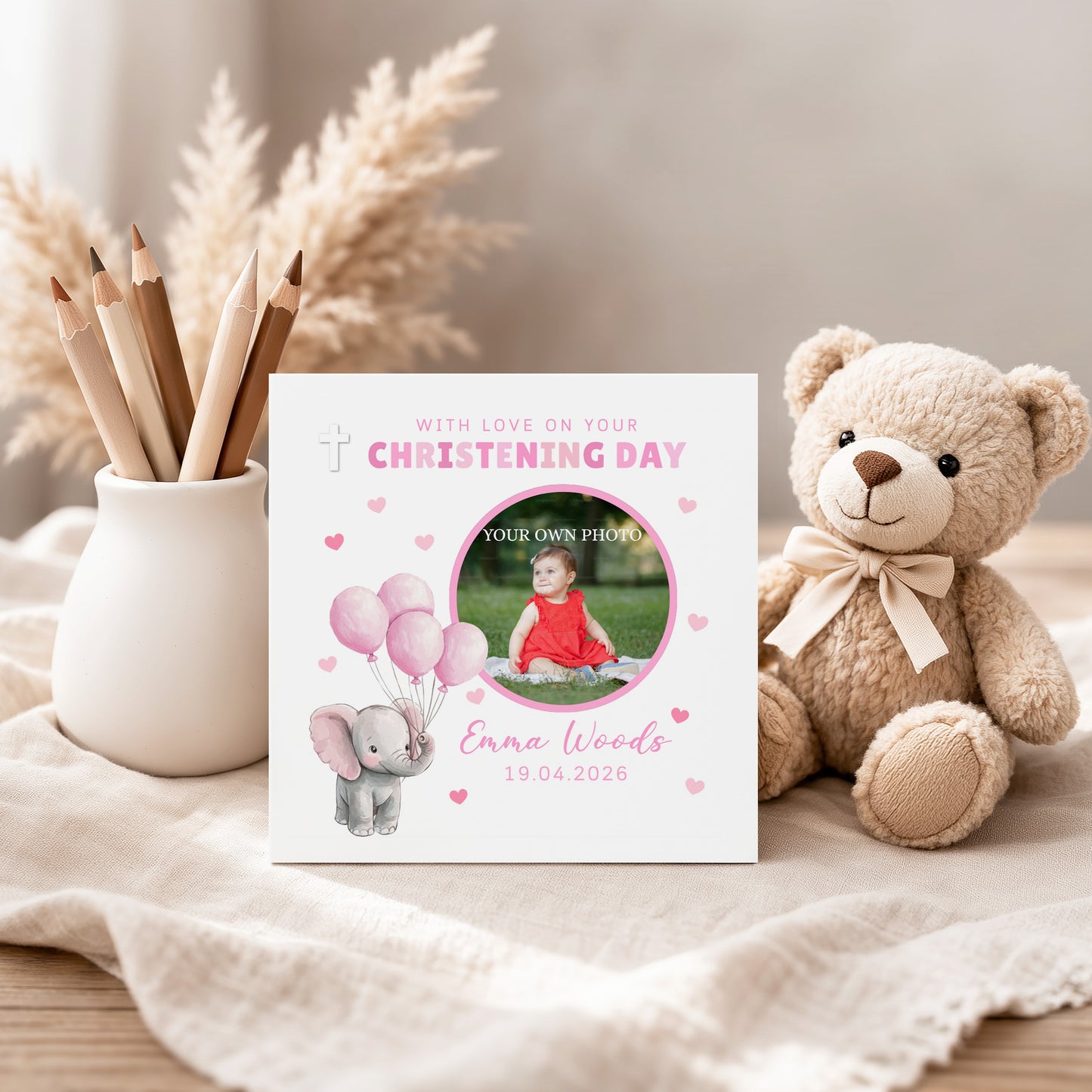 Personalised Photo Christening Card for Girl – Custom Baptism Card with Image, Name & Date - Pink Elepahnt Design – Religious Baptism Card for Girls, Daughter, Granddaughter, Niece with Pink Envelope