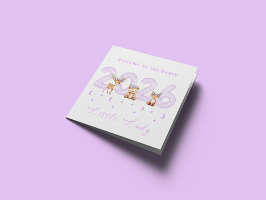2026 New Baby Girl Card Congratulations for Newborn Daughter, Granddaughter, Niece, Welcome To The World, Baby Shower Card  - Cute Woodland Animals Design - Purple Envelope Included