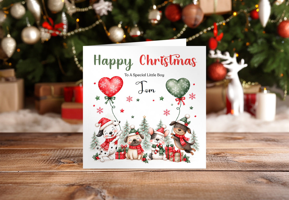 Personalised Christmas Card – Cute Christmas Puppy Dogs