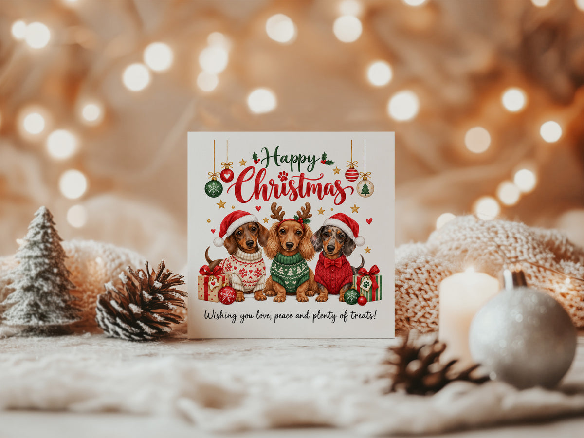 Dachshund Christmas Card for Dog Lovers – Cute Festive Sausage Dogs, Santa & Christmas Design