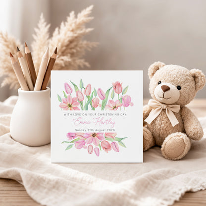 Personalised Christening Card for Girl – Custom Baptism Card with Name & Date - Pink Floral Design – Religious Baptism Card for Girls, Daughter, Granddaughter, Niece - Pink Envelope Included