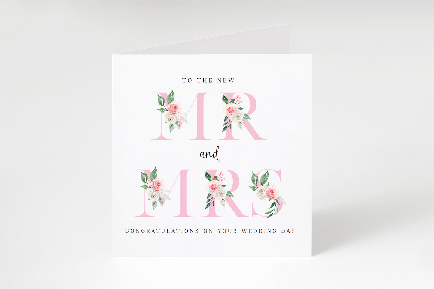 New Mr & Mrs Wedding Card  – Elegant Floral Letters Design - Romantic Wedding Congratulations Keepsake Card for Newlywed couples, Him or Her - Pink Envelope Included