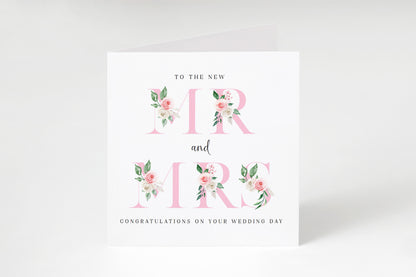 New Mr & Mrs Wedding Card  – Elegant Floral Letters Design - Romantic Wedding Congratulations Keepsake Card for Newlywed couples, Him or Her - Pink Envelope Included