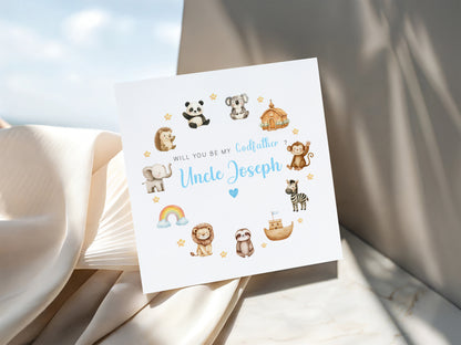 Personalised Godfather Proposal Card -  Will You Be My Godfather Card - Cute Animals Godfather Ask Card - Personalised Baptism Christening Day Proposal Card - Blue Envelope Included