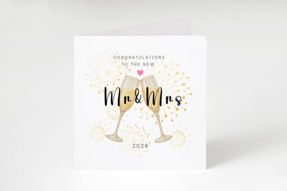 Mr & Mrs Wedding Card with Champagne Toast Design - Elegant Wedding Congratulations Card for Newlywed couples, Him or Her - Kraft Envelope Included