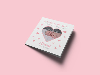Personalised Phoro New Baby Girl Card Congratulations for Newborn Daughter, Granddaughter, Niece - Welcome To The World Card with Heart Frame Design - Custom Photo, Name & Date with Pink Envelope