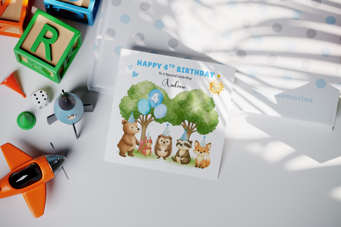 Personalised 4 Years Old 4th Birthday Card for Boys– Forest Animal Design with Custom Name & Message - Age 4 Woodland Birthday Card for Kids, Children, Son, Grandson Nephew with Blue Envelope